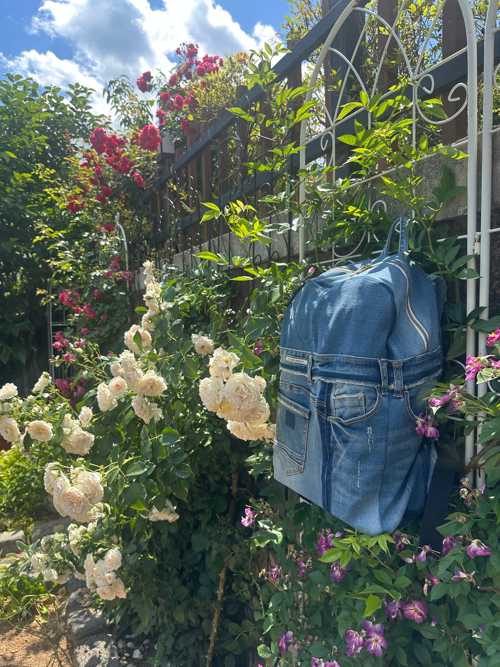 Sky Blue Stripe Upcycled Denim Backpack [Small Medium] / 스카이 스트라이프 업사이클 데님 백팩 [스몰 미디엄]