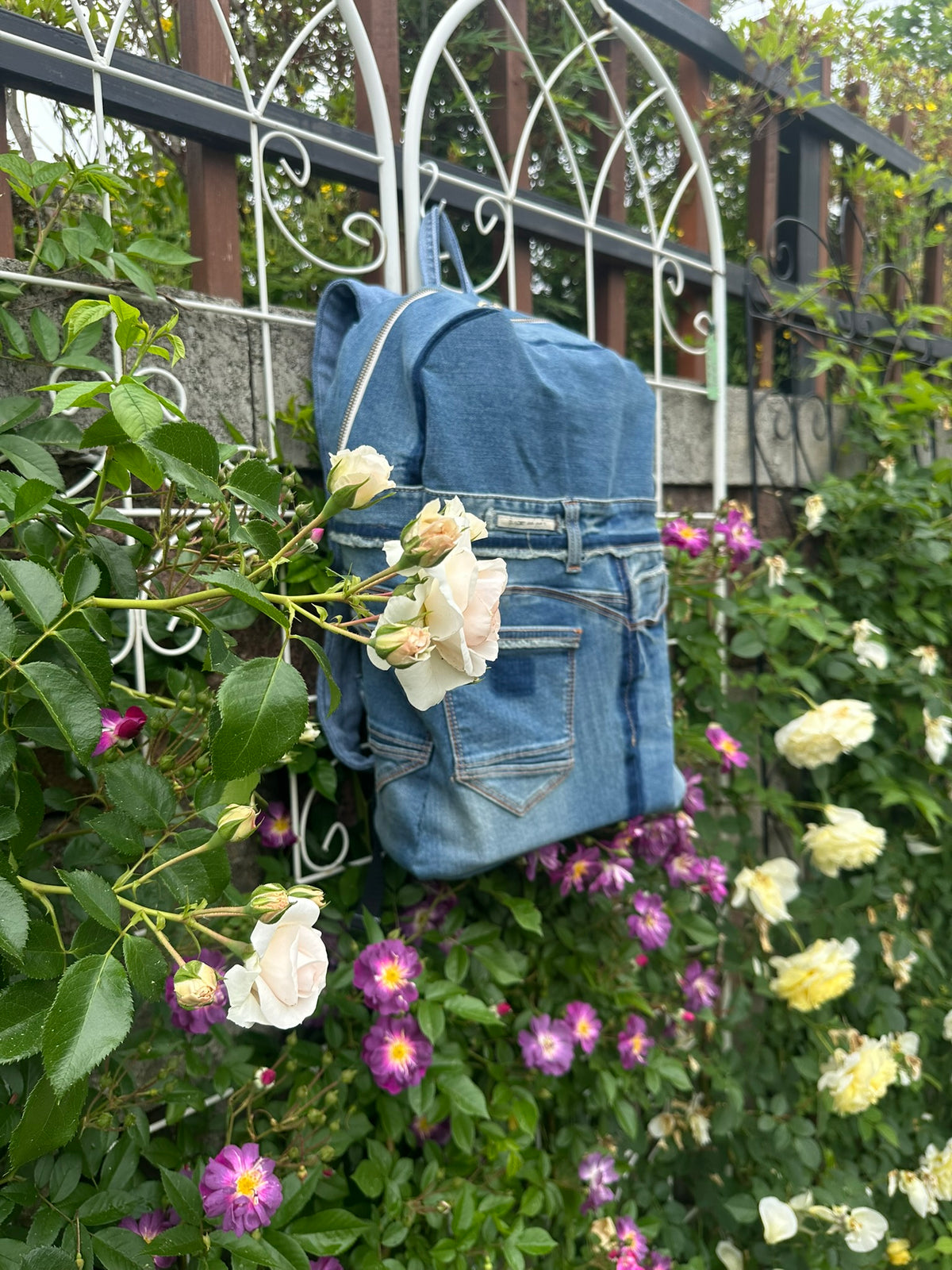 Sky Blue Stripe Upcycled Denim Backpack [Small Medium] / 스카이 스트라이프 업사이클 데님 백팩 [스몰 미디엄]