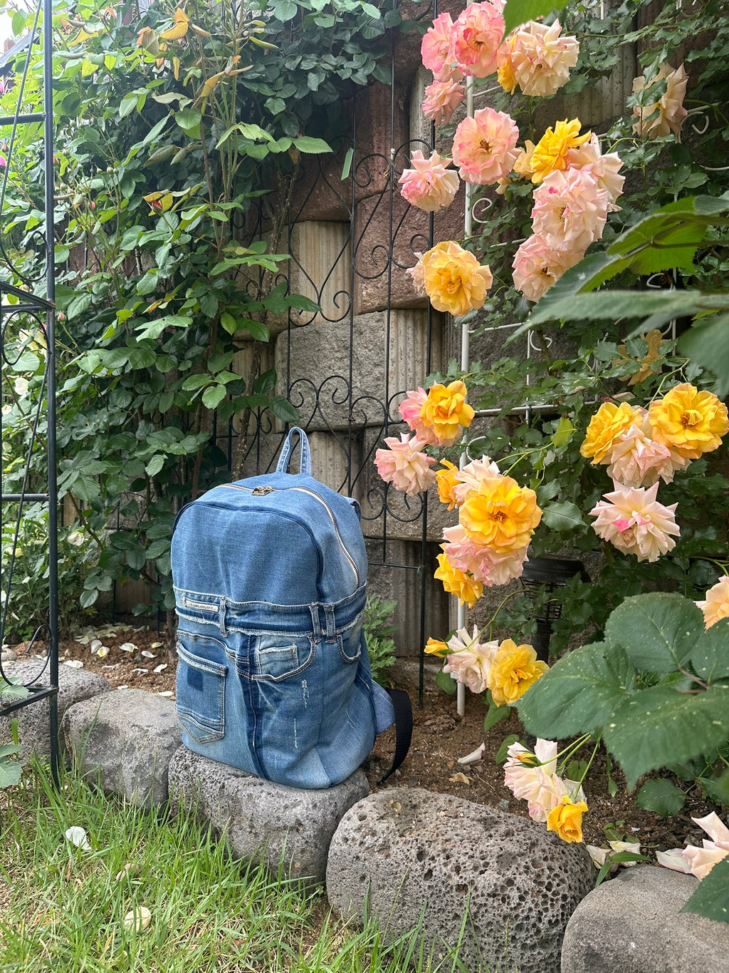 Sky Blue Stripe Upcycled Denim Backpack [Small Medium] / 스카이 스트라이프 업사이클 데님 백팩 [스몰 미디엄]