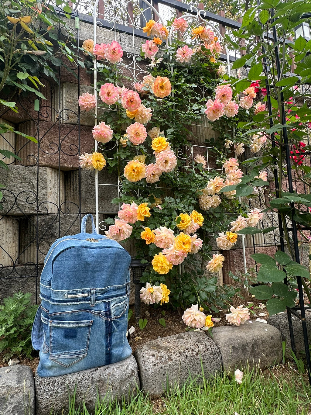 Sky Blue Stripe Upcycled Denim Backpack [Small Medium] / 스카이 스트라이프 업사이클 데님 백팩 [스몰 미디엄]