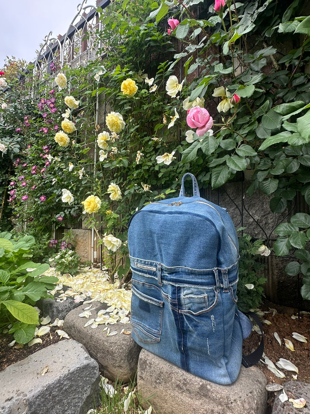 Sky Blue Stripe Upcycled Denim Backpack [Small Medium] / 스카이 스트라이프 업사이클 데님 백팩 [스몰 미디엄]
