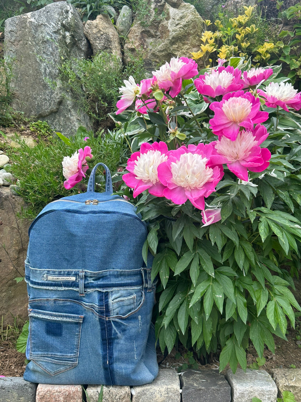Sky Blue Stripe Upcycled Denim Backpack [Small Medium] / 스카이 스트라이프 업사이클 데님 백팩 [스몰 미디엄]