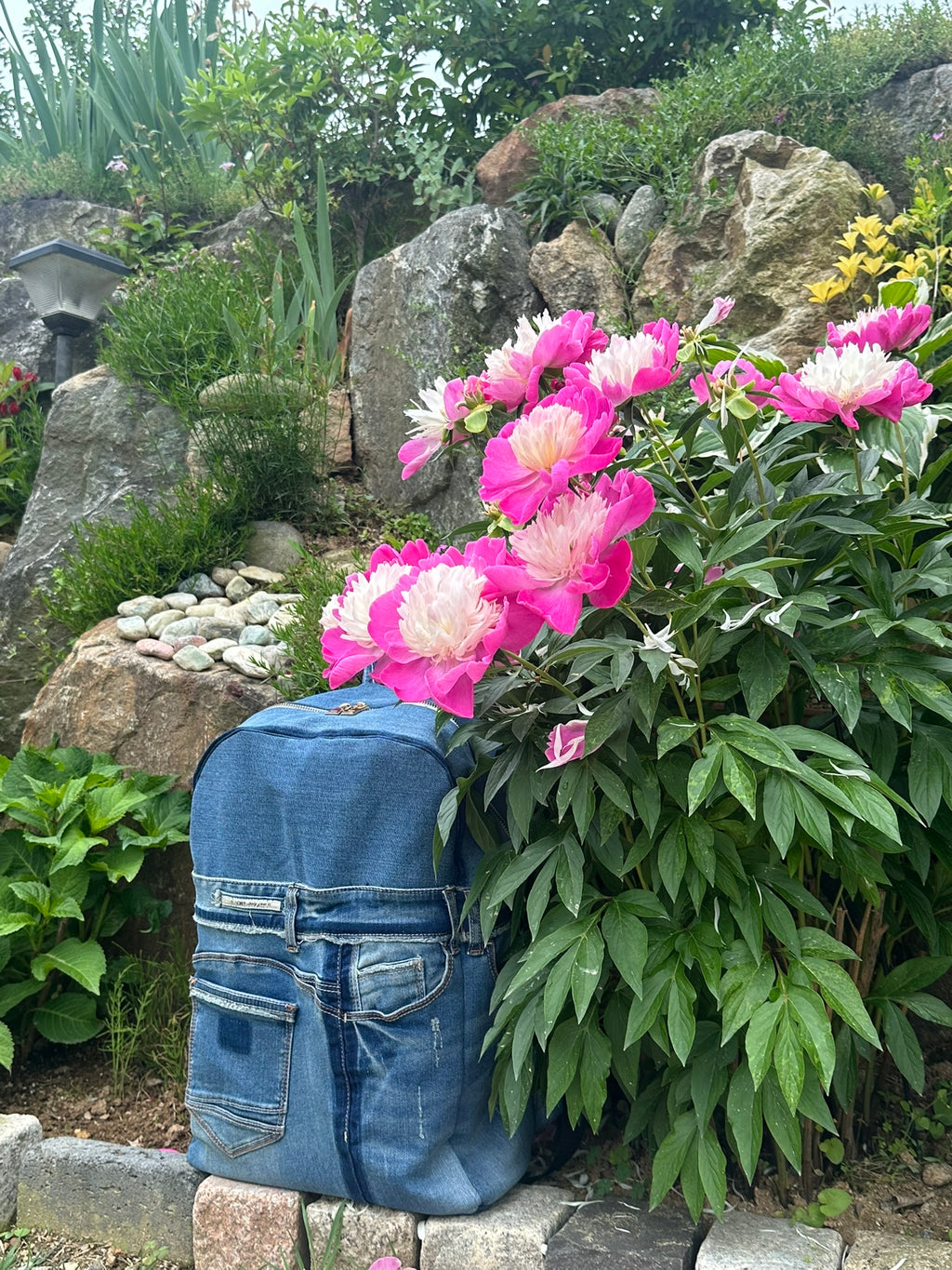 Sky Blue Stripe Upcycled Denim Backpack [Small Medium] / 스카이 스트라이프 업사이클 데님 백팩 [스몰 미디엄]