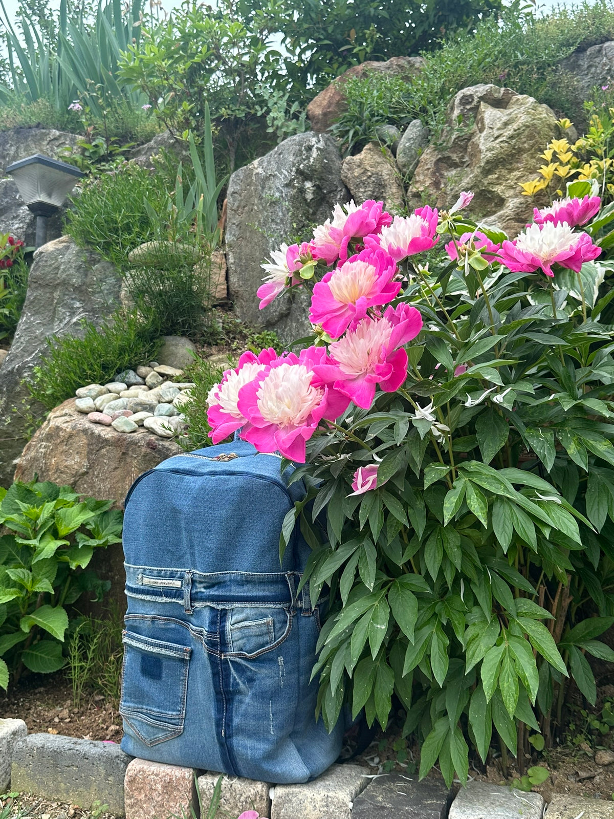 Sky Blue Stripe Upcycled Denim Backpack [Small Medium] / 스카이 스트라이프 업사이클 데님 백팩 [스몰 미디엄]