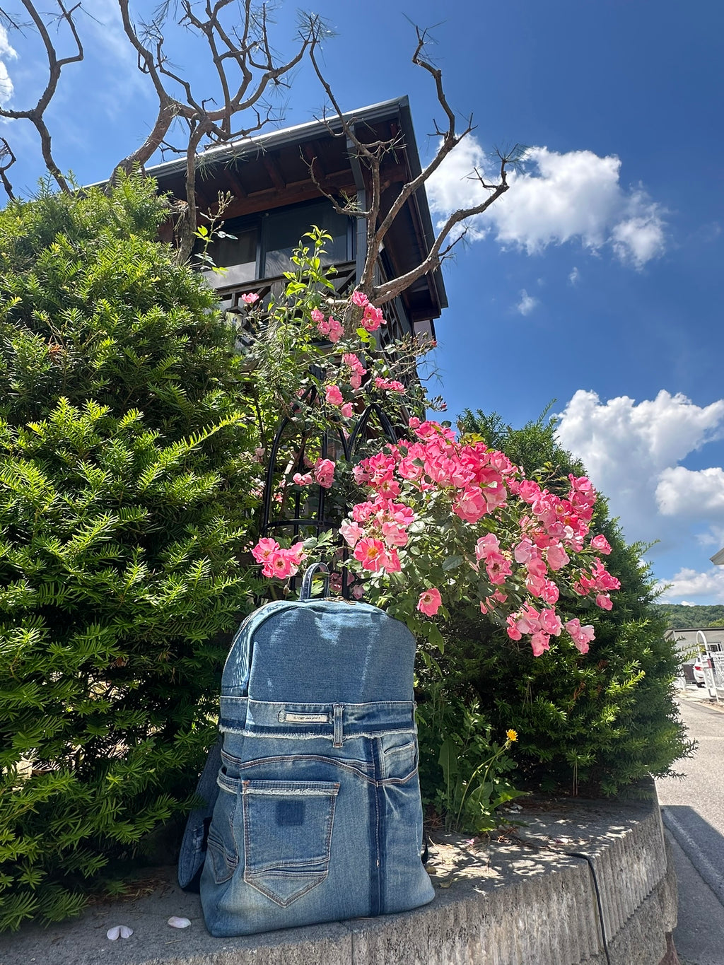 Sky Blue Stripe Upcycled Denim Backpack [Small Medium] / 스카이 스트라이프 업사이클 데님 백팩 [스몰 미디엄]