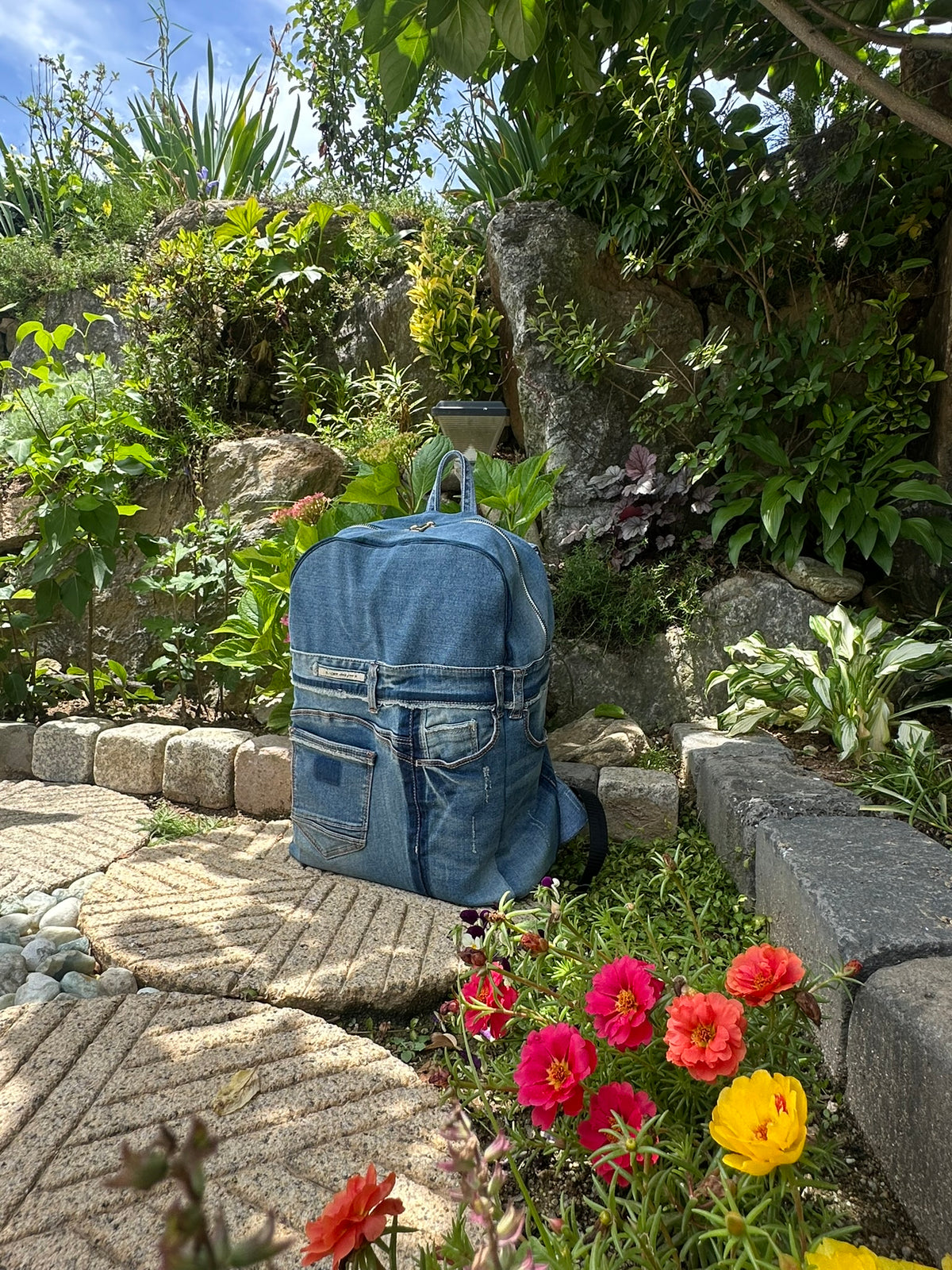 Sky Blue Stripe Upcycled Denim Backpack [Small Medium] / 스카이 스트라이프 업사이클 데님 백팩 [스몰 미디엄]
