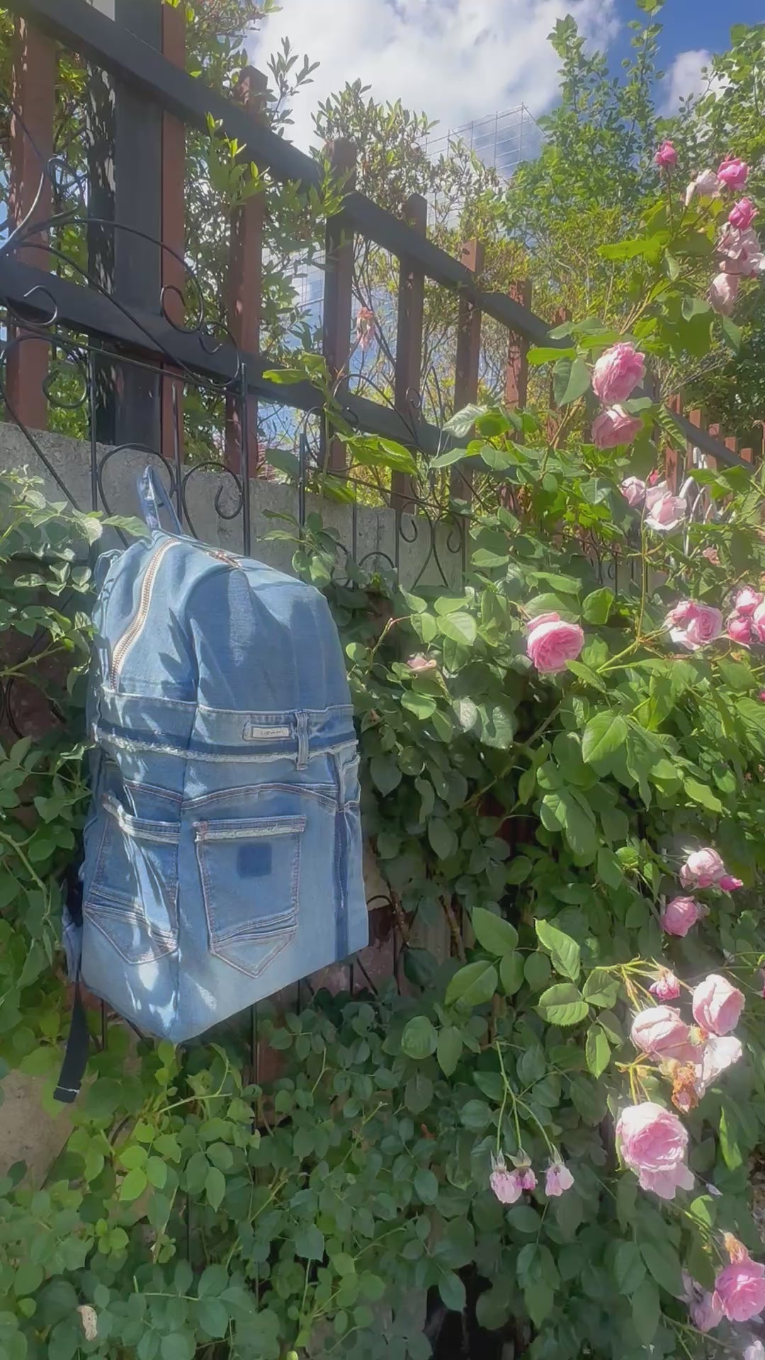 Sky Blue Stripe Upcycled Denim Backpack [Small Medium] / 스카이 스트라이프 업사이클 데님 백팩 [스몰 미디엄]