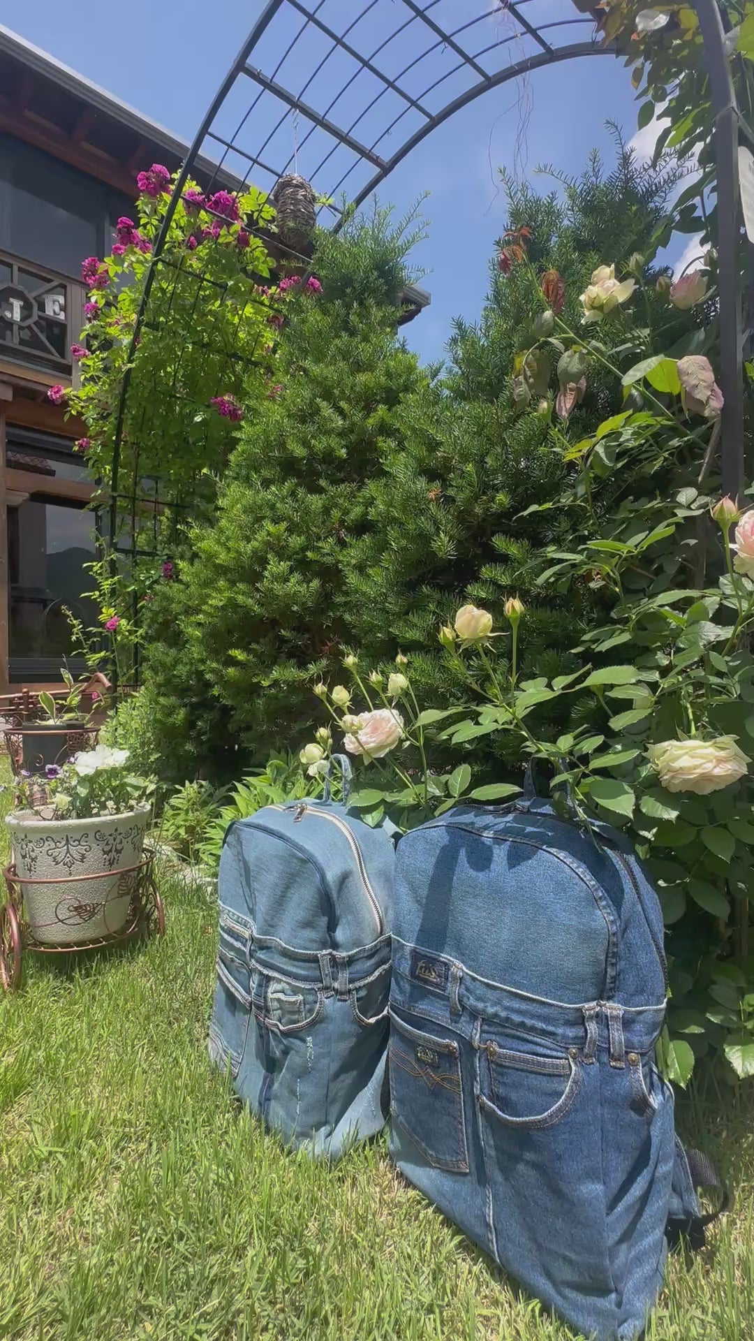 Sky Blue Stripe Upcycled Denim Backpack [Small Medium] / 스카이 스트라이프 업사이클 데님 백팩 [스몰 미디엄]