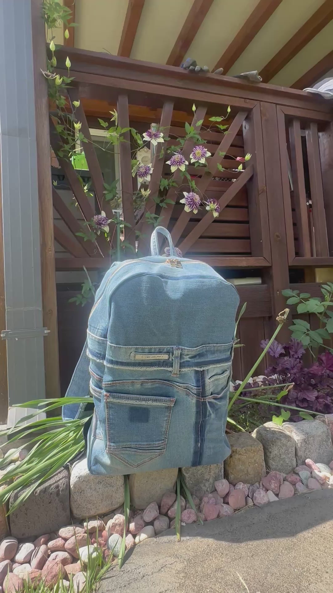 Sky Blue Stripe Upcycled Denim Backpack [Small Medium] / 스카이 스트라이프 업사이클 데님 백팩 [스몰 미디엄]