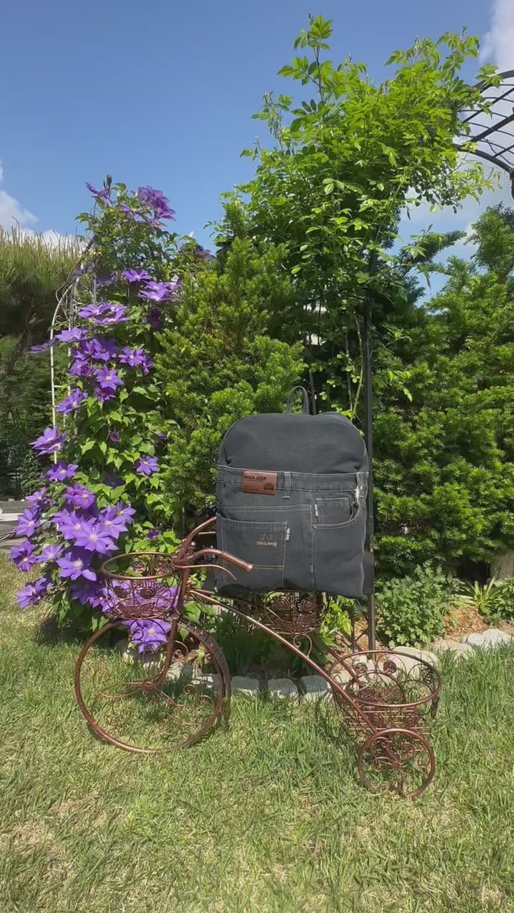 Black Iris Unisex Upcycled Denim Backpack - Large / 블랙 아이리스 업사이클 데님 백팩 [라지]