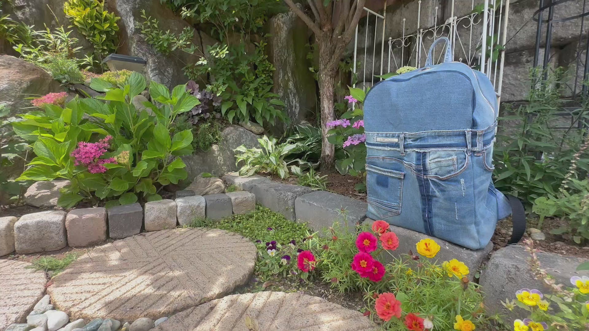 Sky Blue Stripe Upcycled Denim Backpack [Small Medium] / 스카이 스트라이프 업사이클 데님 백팩 [스몰 미디엄]